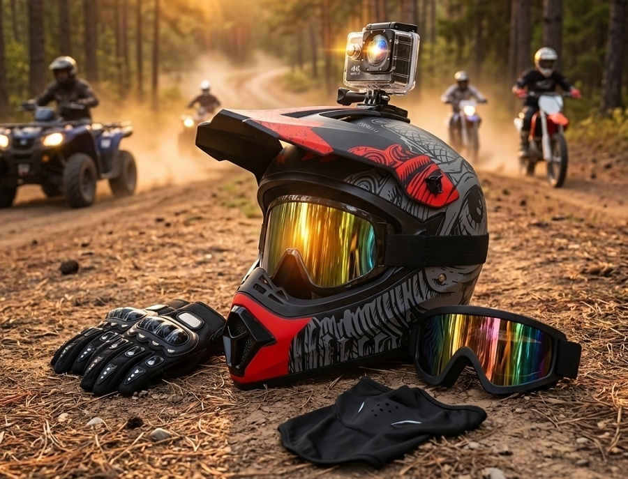 Cască cross cu sistem ventilație și echipament complet motocross ATV enduro cu ochelari și mănuși DenisNetwork